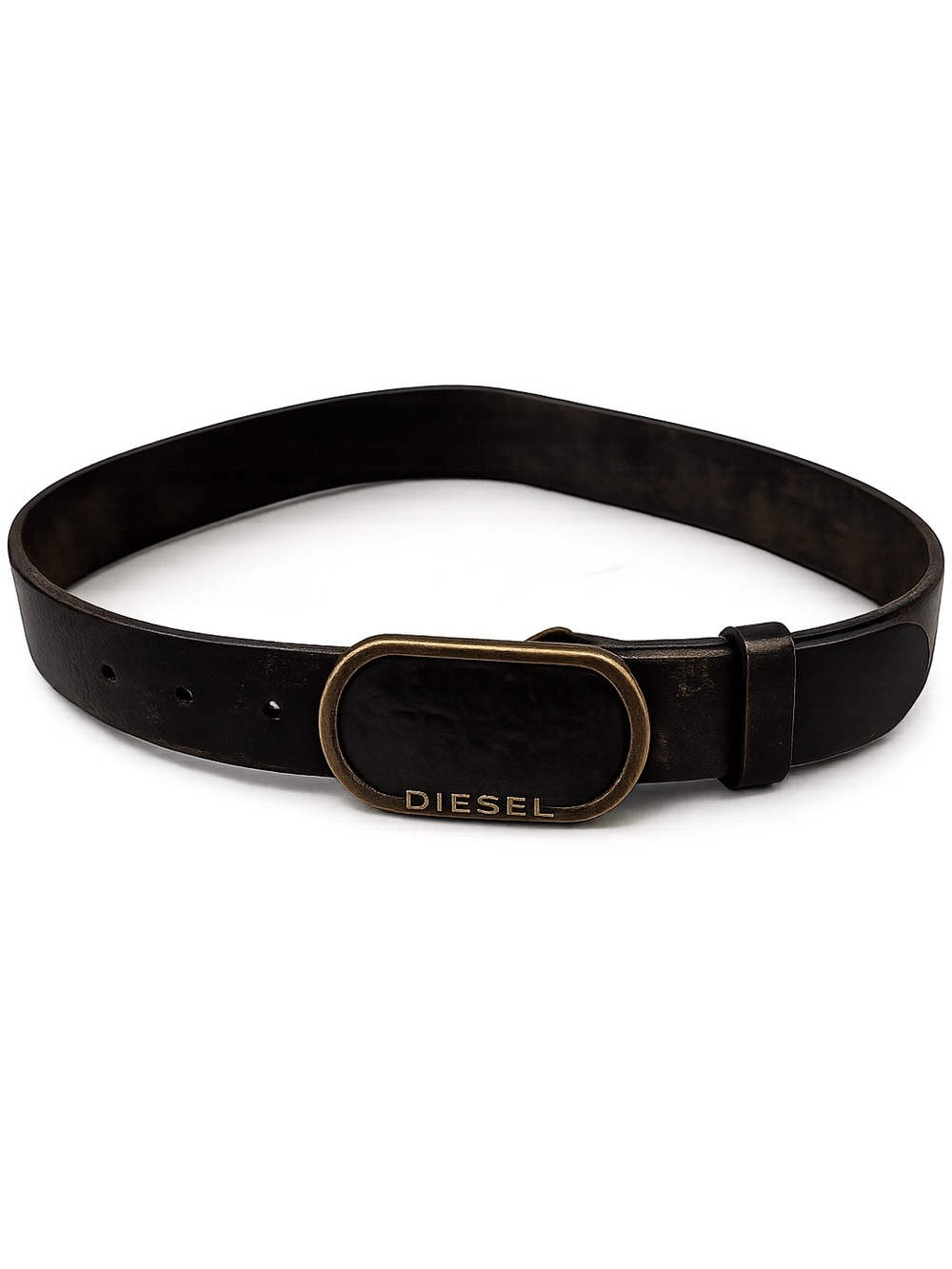 Diesel Black Leather Vintage Style Belt with Oval Logo Buckle